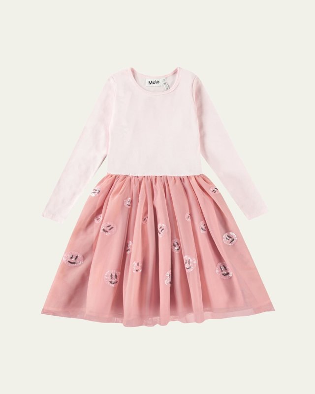 Girl's Cyrus Long-Sleeve Sequin Tulle Combo Dress, Size 7-12